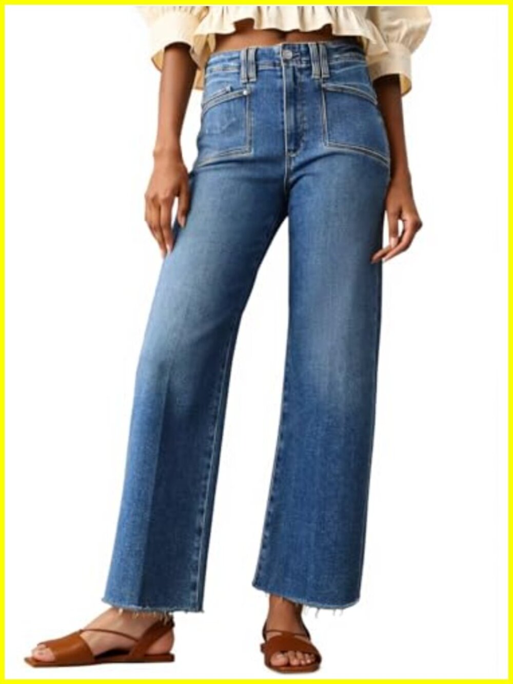 High Waisted Cropped Straight Leg Raw Hem Denim Jeans Stretchy